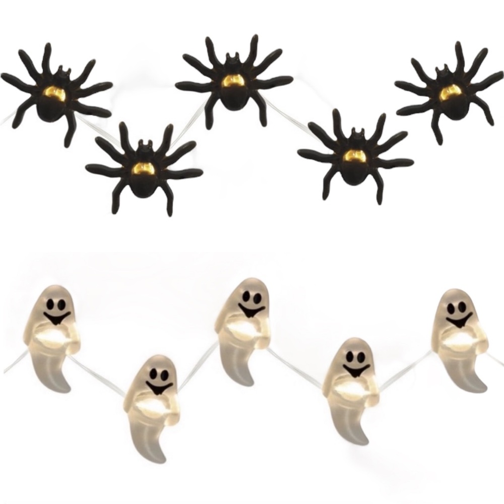 2 Pack Halloween LED 10ct Light Up Black Spider & White Ghose String Lights NWT
